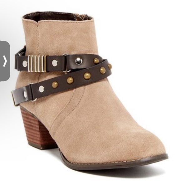 DOLCE VITA jacy Anthropologie Taupe Harness Suede Heel Ankle Boot women size 9.5 - Picture 1 of 11